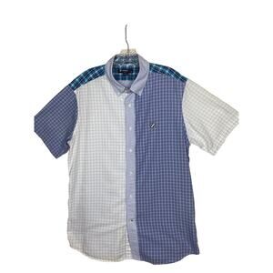 Cremieux Collection Men Size L Button DownShort Sleeve Cotton Preppy Blue Plaids